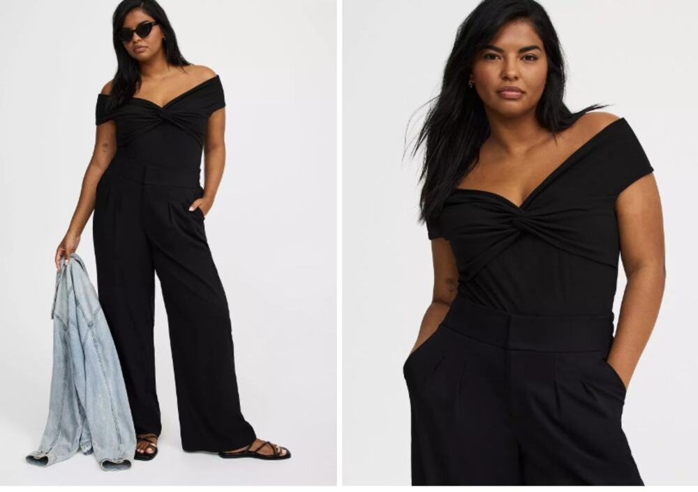 Torrid 2X NWOT Black Off Shoulder Short Sleeve Top Soft Ribbed Twist Detail